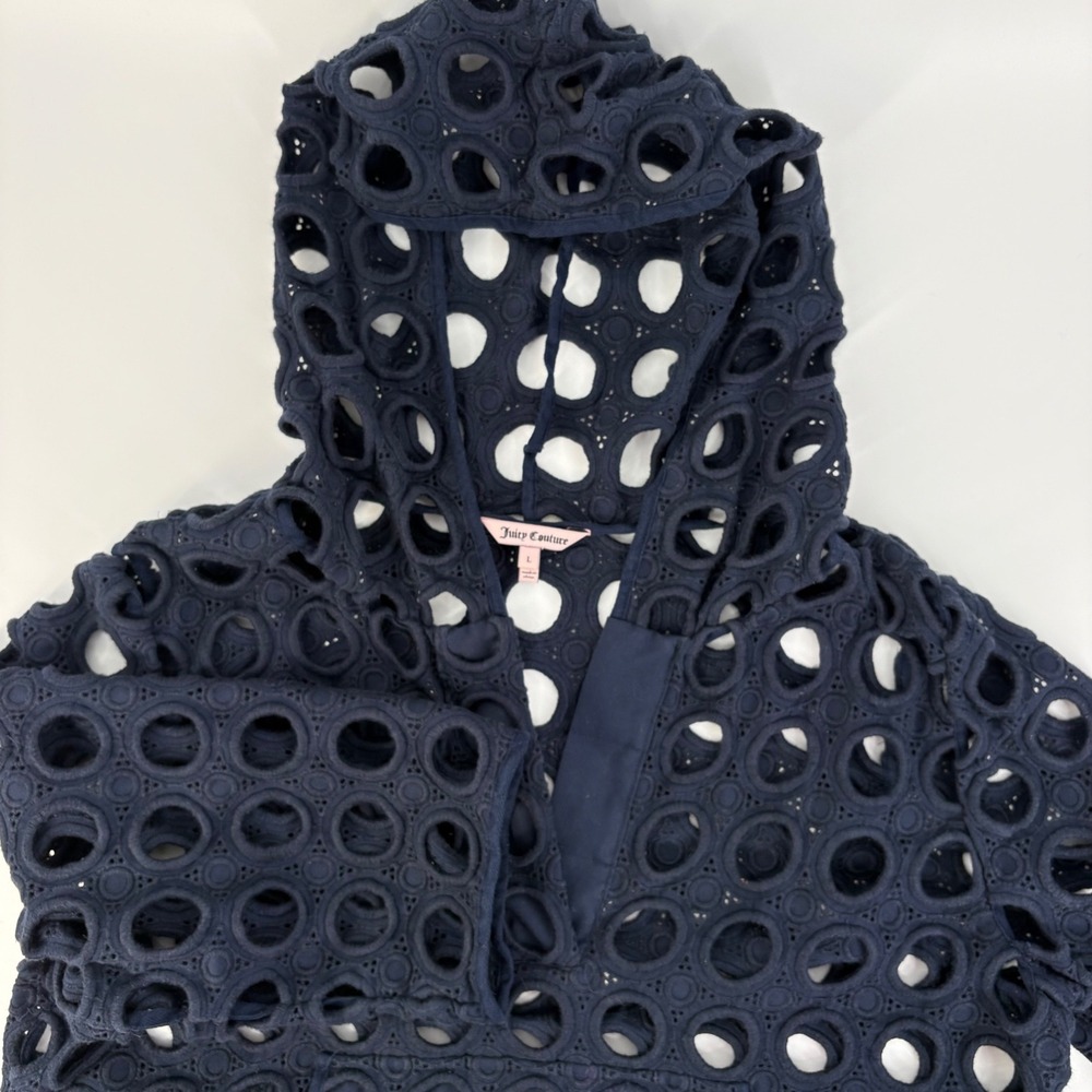 Juicy Couture Eyelet Hoodie Women Large Navy Blue Openwork Pullover Pocket